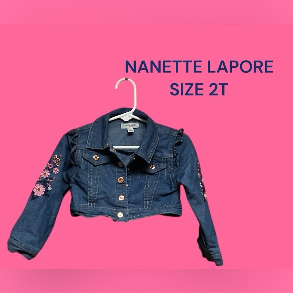 NANETTE LAPORE BLUE JEAN JACKET SIZE 2T WITH EMBELLISHED SLEEVES LIKE NEW